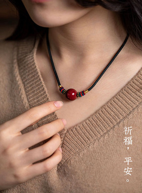 女棉麻朱砂转运珠颈链项坠/吊坠