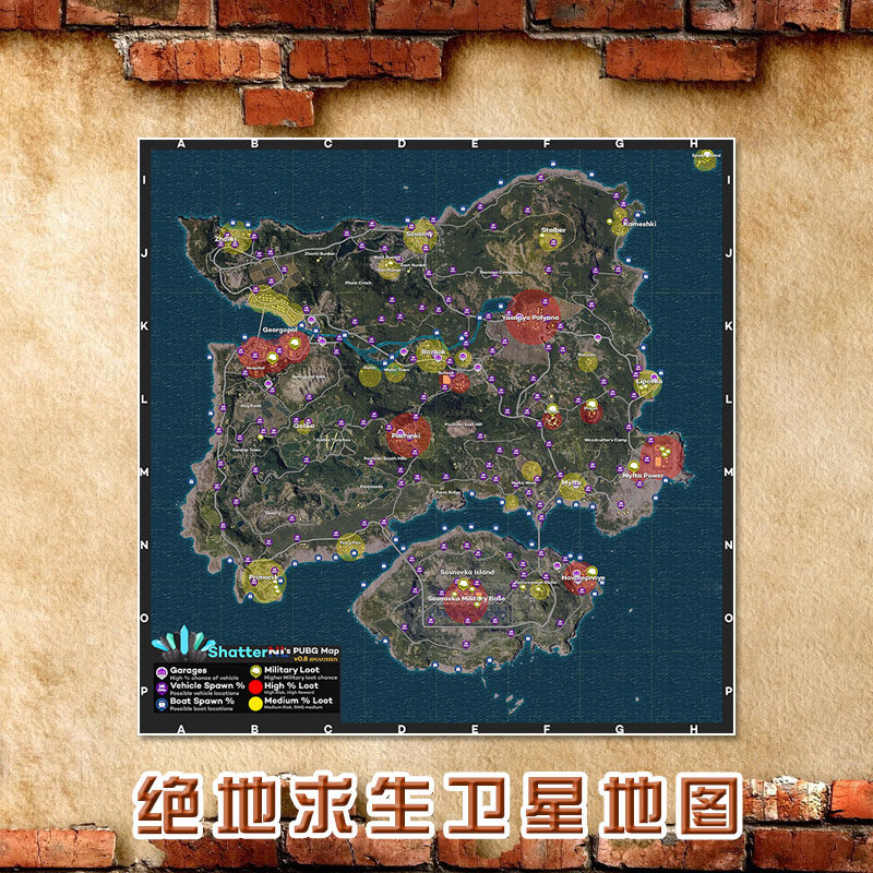 超大巨幅 绝地求生吃鸡卫星地图 中英文版客厅书房网咖装饰画芯