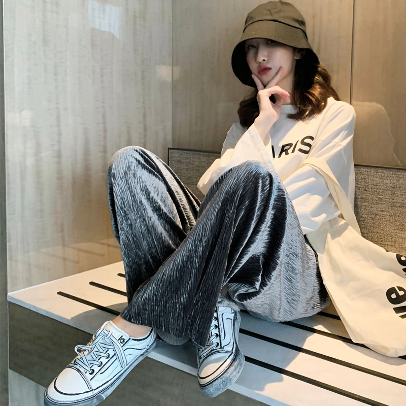 坠感褶皱金丝绒阔腿裤女秋冬季高腰垂感宽松直筒显瘦小个子拖地裤