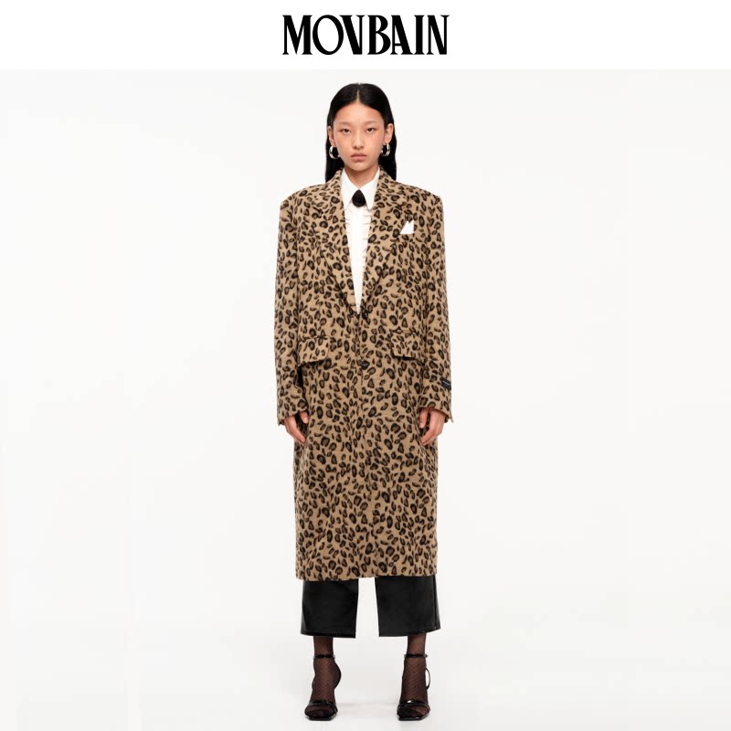 movbain经典豹纹方巾装饰长款毛呢大衣 廓形羊毛上衣