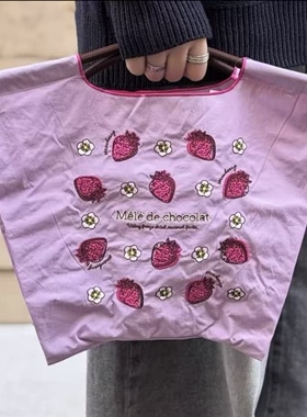 刺绣单肩斜跨包舞蹈包粉紫色便携可折叠大容量满印手提包购物袋