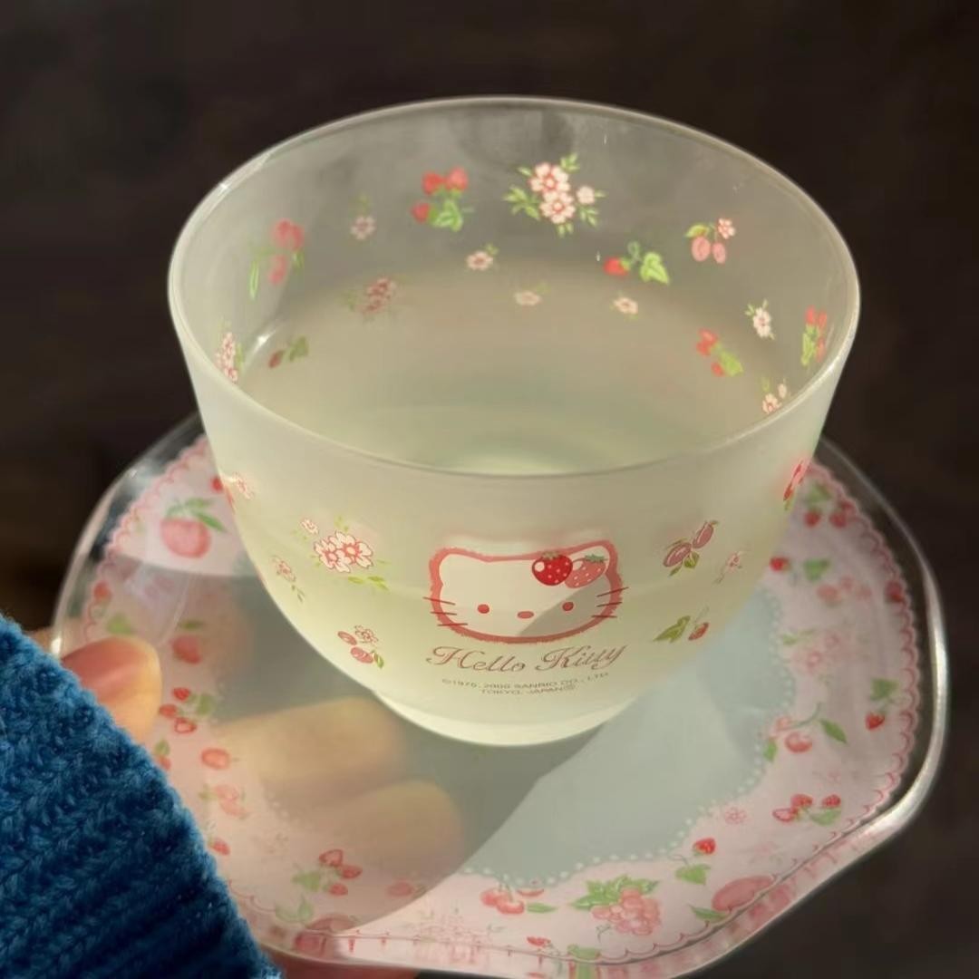 HelloKitty春日碎花玻璃杯碟咖啡杯碟粉色樱桃花花印花咖啡杯