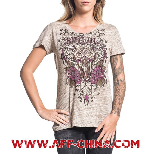 AFFLICTION美国本土潮牌 女士纯手工拼色印花条纹连帽短袖T恤