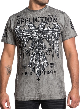 Affliction 男款灰色迷彩做旧修身战鹰印花时尚休闲潮牌短袖T恤