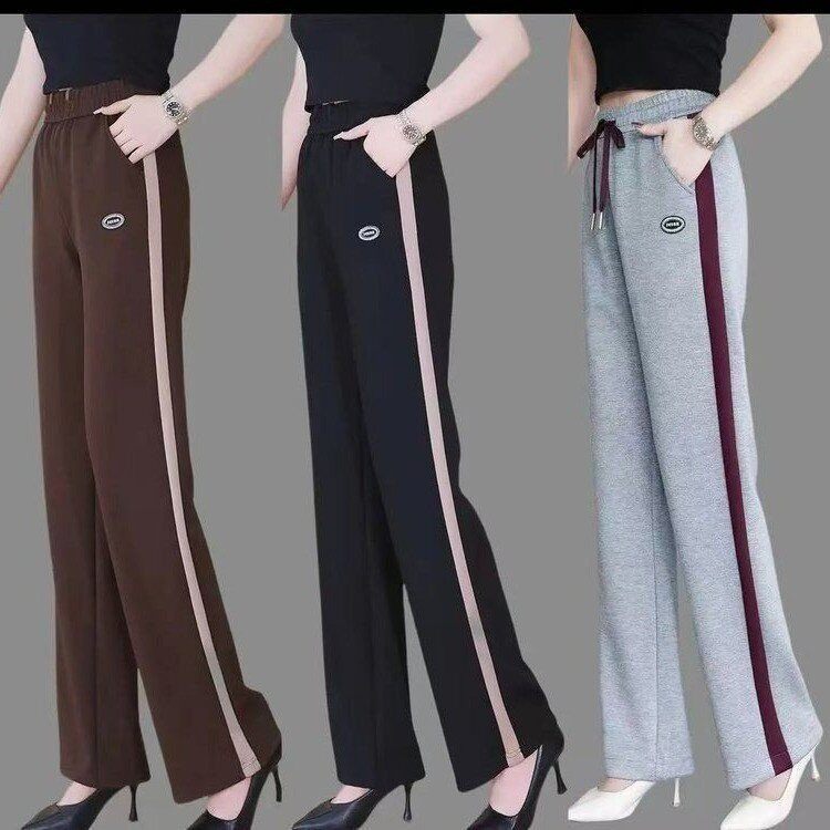 女士春夏季高腰休闲直筒裤女撞色条纹宽松显瘦百搭运动裤松紧腰
