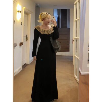 早秋巨好看法式气质黑色长袖连衣裙子女秋冬季打底长裙配大衣内搭