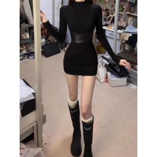 法式 气质显瘦收腰包臀短裙 黑色高领打底内搭连衣裙子女2025秋冬季