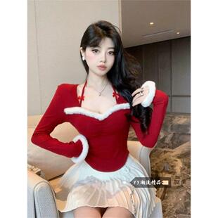 汇兴达官图德绒初冬独特别致甜辣挂脖褶皱显胸型修身上衣设