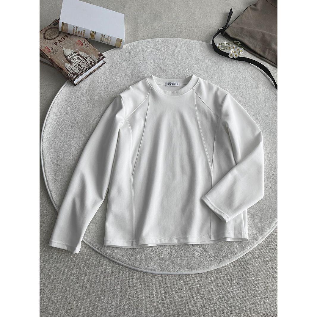 简约白色长袖T恤男圆领宽松重磅boxy版型打底衫上衣品质纯棉套头