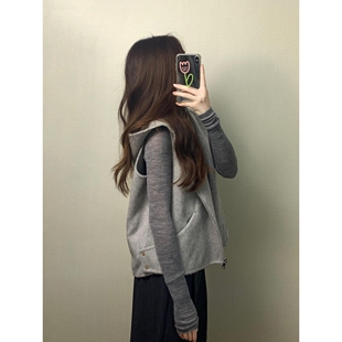 高级宽松百搭无袖 新款 外套 上衣女秋季 550克呢料连帽马甲打底衫