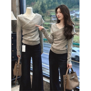 MR螺纹德绒韩系交叉V领针织衫女秋冬季修身显瘦设计感长袖上