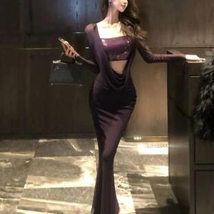 高品质紫色网纱拼接亮丝修身 性感辣妹透视包臀连衣裙 长裙新款