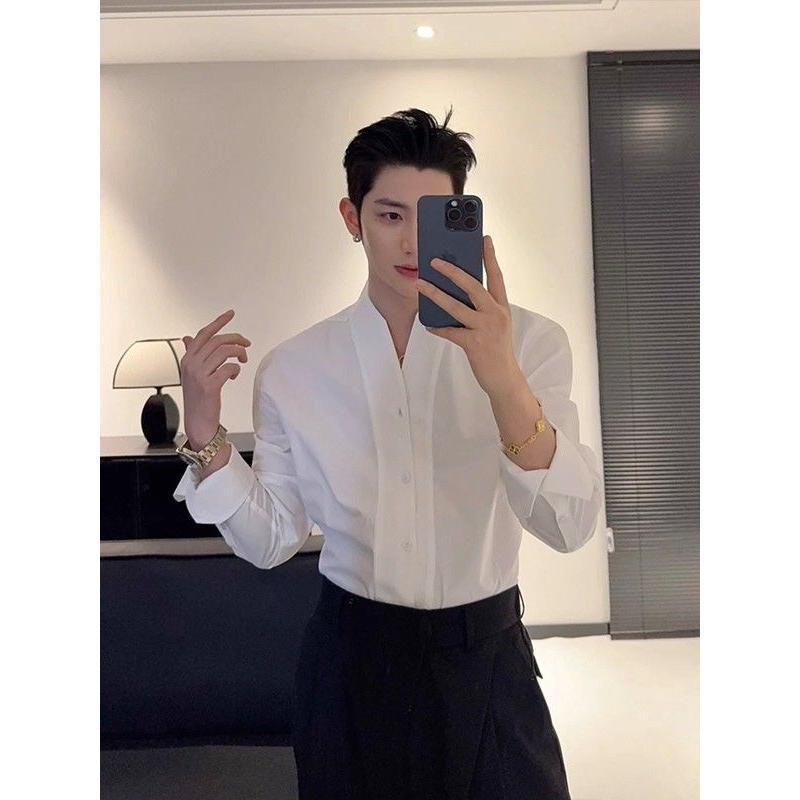 法式V领白色长袖衬衫男款高级感雅痞风西装内搭修身无领衬衣