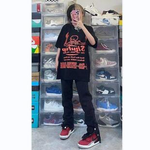 美式vibe复古黑色裤子高街开叉牛仔裤设计排扣显瘦长裤直筒