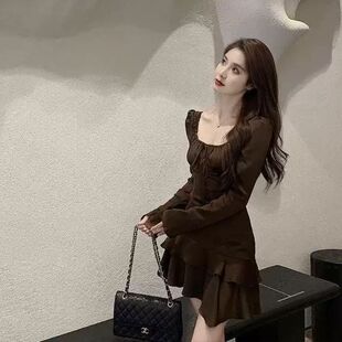 法式初恋气质连衣裙女秋冬系穿搭高级感御姐风修身荷叶边裙子