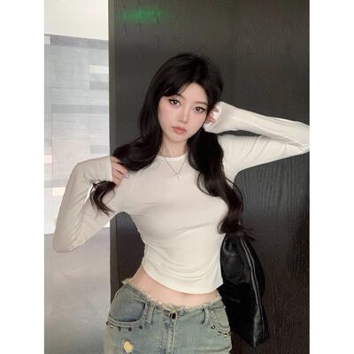 美式街头风设计感天使印花T恤内搭女早春修身辣妹微透上衣打底衫