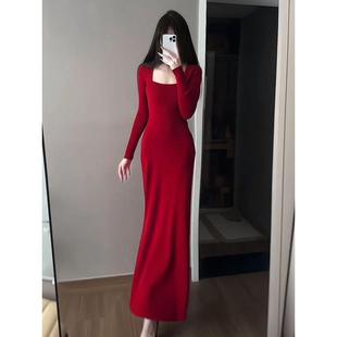 内搭打底长裙 2025新款 早秋法式 赫本风高级感红色连衣裙子女秋冬季
