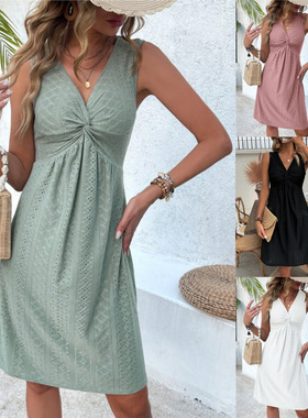 2025跨境欧美亚马逊shein V领扭结无袖设计感胸部褶皱收腰连衣裙