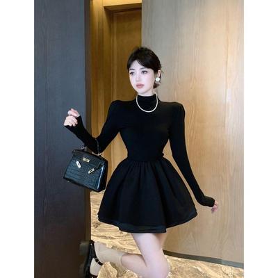 秋冬季半高领打底内搭显瘦小黑裙高级感气质千金公主蓬蓬连衣裙