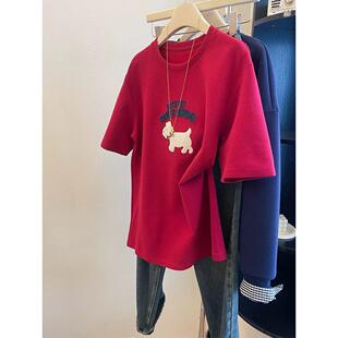 磨毛上衣 t恤女冬新款 B092德绒特大码 300斤红色刺绣短袖