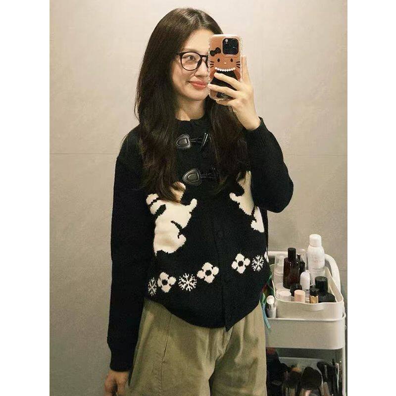 实价绵羊绒复古牛角扣卡通毛衣开衫女秋冬韩版宽松百搭针织外套