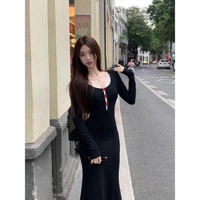 纯欲镂空蝴蝶结长袖连衣裙子女冬季内搭性感风白色蕾丝背心两件套