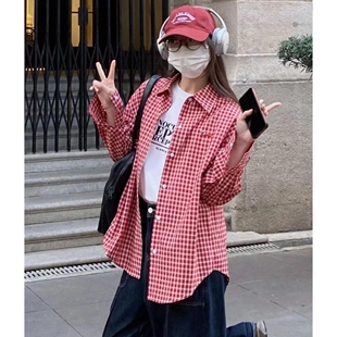 复古港风衬衣chic外套女宽松 新款 刺绣红色格子衬衫 2025春季