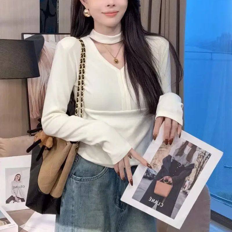 230克德绒11挂脖V领长袖百搭显瘦时尚ins设计感T恤上衣女