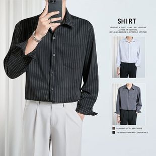 高级感轻奢衬衫男长袖宽松条纹衬衣外套韩版潮流春秋男装上衣寸衫