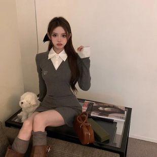 假两件灰色针织连衣裙子女秋冬季 气质辣妹打底内搭包臀裙 2025新款