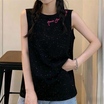 夏天新款通勤慵懒风满天星亮片无袖背心体恤女装印花宽松显瘦上衣