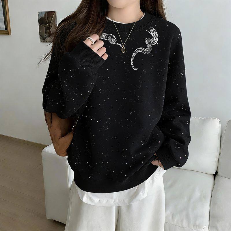 原宿风秋冬新款黑色圆领加绒卫衣女小众宽松满天星时尚简约上衣服