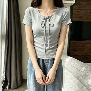 2026夏天新款圆领灰色短袖T恤女生ins系带蝴蝶结个性独特闺蜜上衣