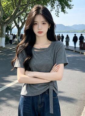 黑色亮片短袖T恤女生2026网红设计感小众慵懒风时尚简约ins上衣服