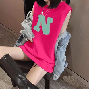 美式潮牌玫红色无袖t恤女慵懒风夏季韩版背心宽松中长款上衣服ins
