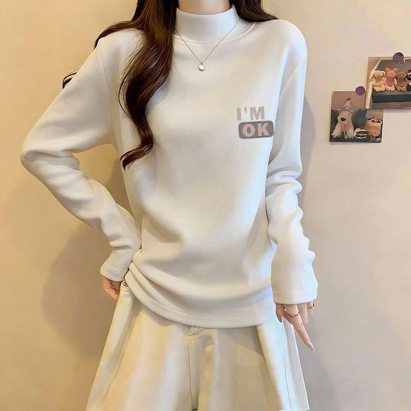 中长款秋冬季甜美风新款白色半高领德绒打底长袖保暖女款显瘦上衣