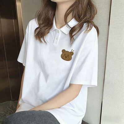 夏天外穿百搭小众白色POLO领短袖体恤宽松显瘦女装薄款甜美女上衣