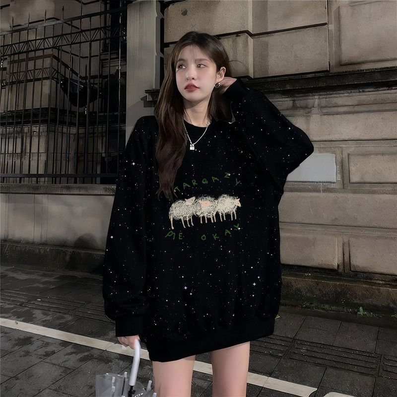 亮片印花原宿风圆领卫衣女秋冬新款韩版加绒宽松满天星百搭上衣潮
