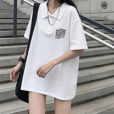 2026年夏天新款白色polo领短袖女慵懒风印花宽松显瘦百搭女装上衣
