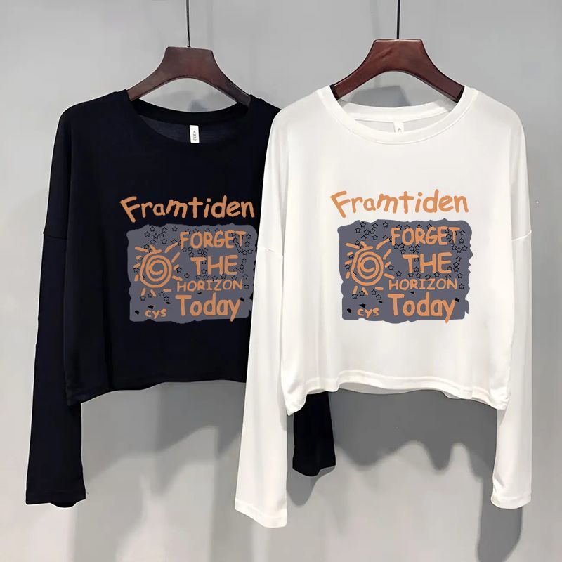 韩版女装夏季新款性感百搭宽松圆领上衣黑白色短款长袖T恤打底衫