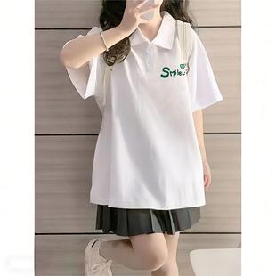 美式潮牌韩版薄款时尚慵懒风女装白色POLO领短袖T恤宽松显瘦女款