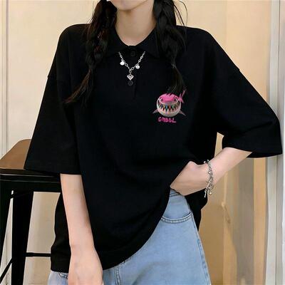 夏天纯棉新款黑色ins短袖T恤女生POLO领中长款宽松慵懒风情侣上衣