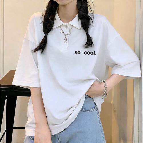 2026夏天新款高级感白色中长短袖t恤女生休闲风宽松翻领原宿上衣