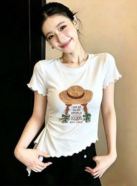 灰色木耳边印花短袖T恤女生夏款ins潮流潮牌百搭港风修身上衣显瘦
