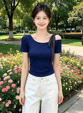 夏天新款黑色修身短袖T恤女生波点蝴蝶结ins慵懒风修身显瘦上衣服