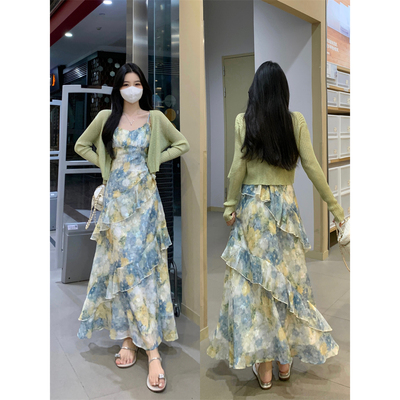 实拍高品大码女装春夏绿色油画荷叶边吊带裙收腰显瘦a字连衣裙
