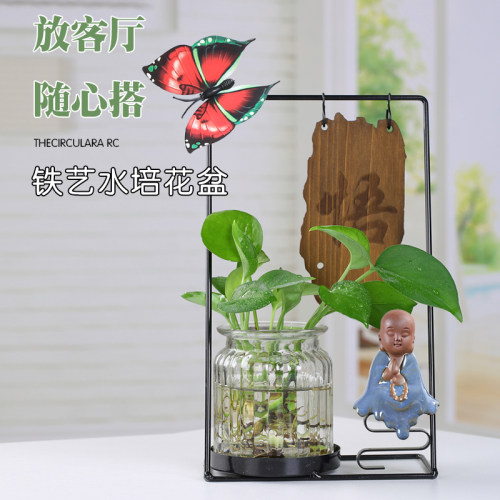 水培植物透明玻璃铁艺花瓶家居室内好养绿植水养绿萝花盆装饰摆件