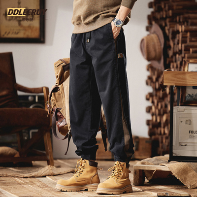 弹力束脚工装裤男撞色拼接休闲裤