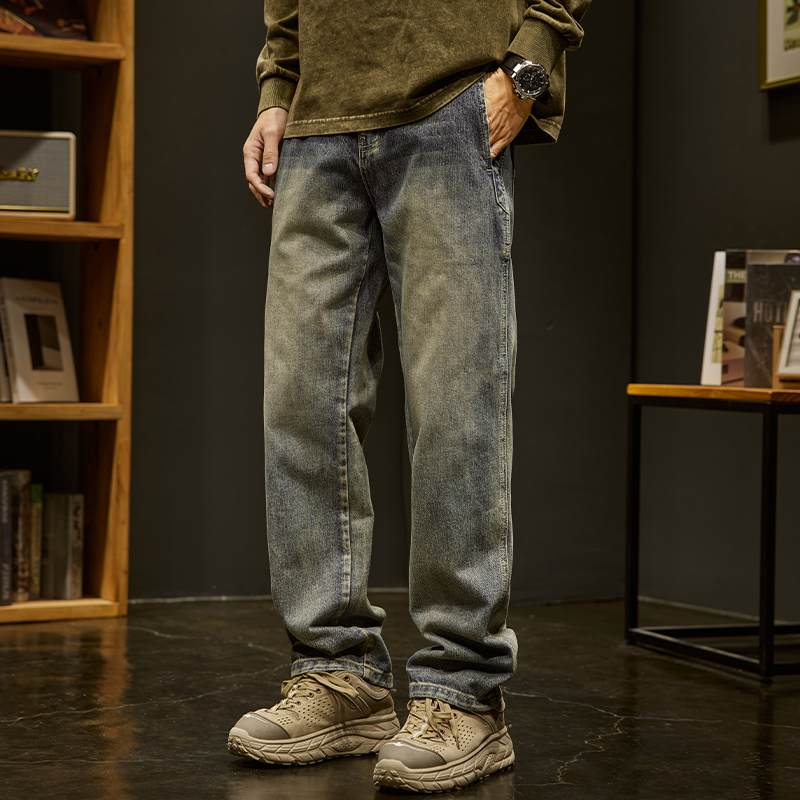 重磅复古水洗牛仔裤男秋冬季加绒潮牌宽松垂感阔腿裤美式高街直筒