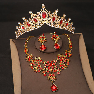 红色皇冠三件套装大气新娘头饰中式礼服敬酒服婚纱结婚成年礼王冠